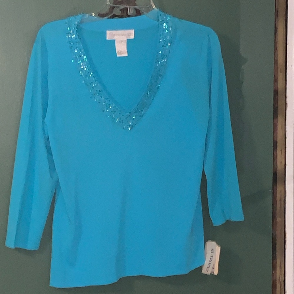 Sky blue top with 3/4 sleeves and sequined v-neck and sequins on back of collar